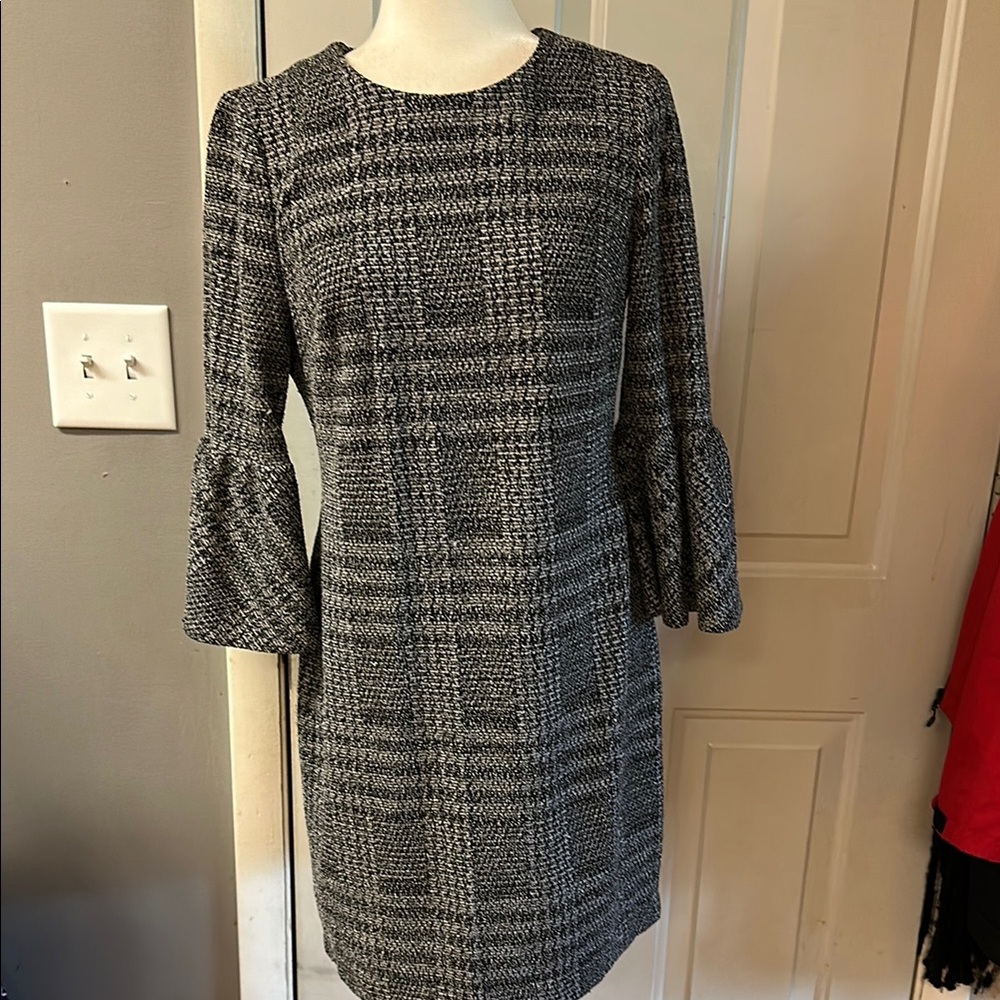 Calvin Klein Black and Gray Sheath Dress with Bell Sleeves